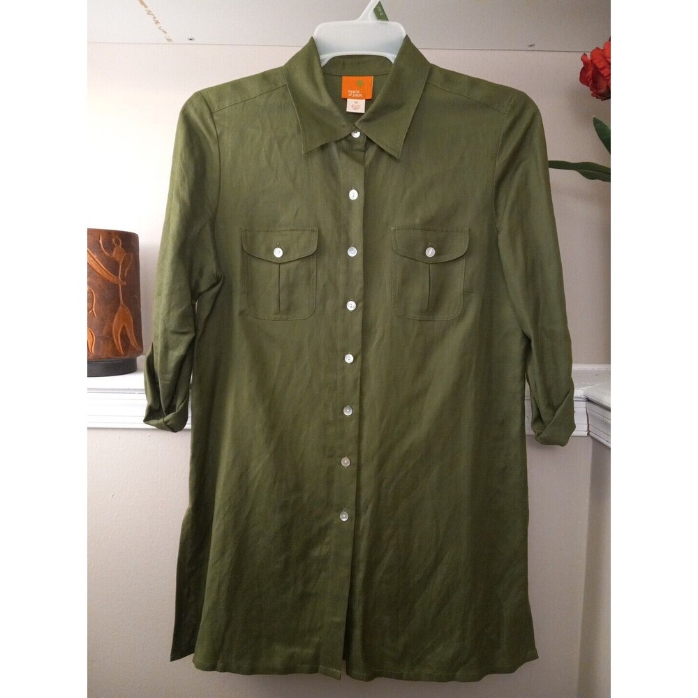 Heart Of Palm Womens Adjustable Sleeves Olive Green Shirt Dress Size 10